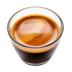 Rich espresso perfect crema in a clear glass cup, a delightful morning boost.