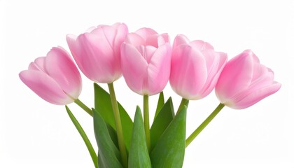 Naklejka premium A stunning close-up of pink tulips in bloom, showcasing delicate petals and vibrant green stems on a white background.