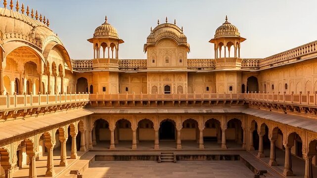 Majestic Sandstone Architecture of Garh Palace Bundi Featuring Intricate Carvings Balconies and Courtyards Under a Clear Sky in Rajasthan India Old World Charm and Historical Significance