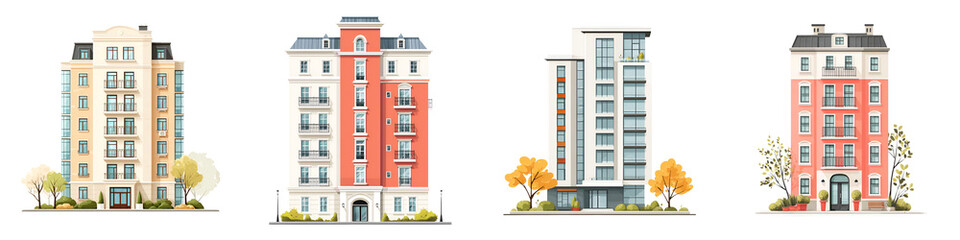 Fototapeta premium Watercolor Building Facades: Apartment Building Set