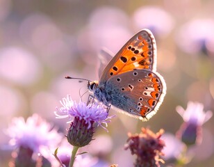 Obraz premium Beautiful butterfly on a flower in soft sunlight