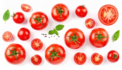 Top view of fresh red tomatoes and basil leaves on a white background, showcasing whole and sliced tomatoes with herbs.