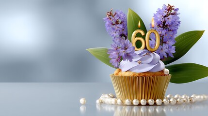 Elegant 60th Birthday Cupcake with Flowers and Pearls on a Reflective Surface