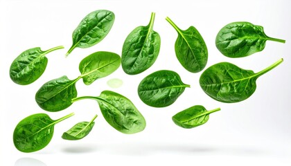 Fototapeta premium Fresh spinach leaves scattered on a white background, highlighting their vibrant green color and natural texture.