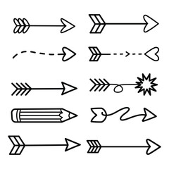 Collection of Hand Drawn Doodle Arrows Black and White Vector Illustration Design Set for Creative Projects and Decoration