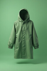 Green Hooded Raincoat Hanging in Studio with Green Background for Fashion or Outerwear Marketing