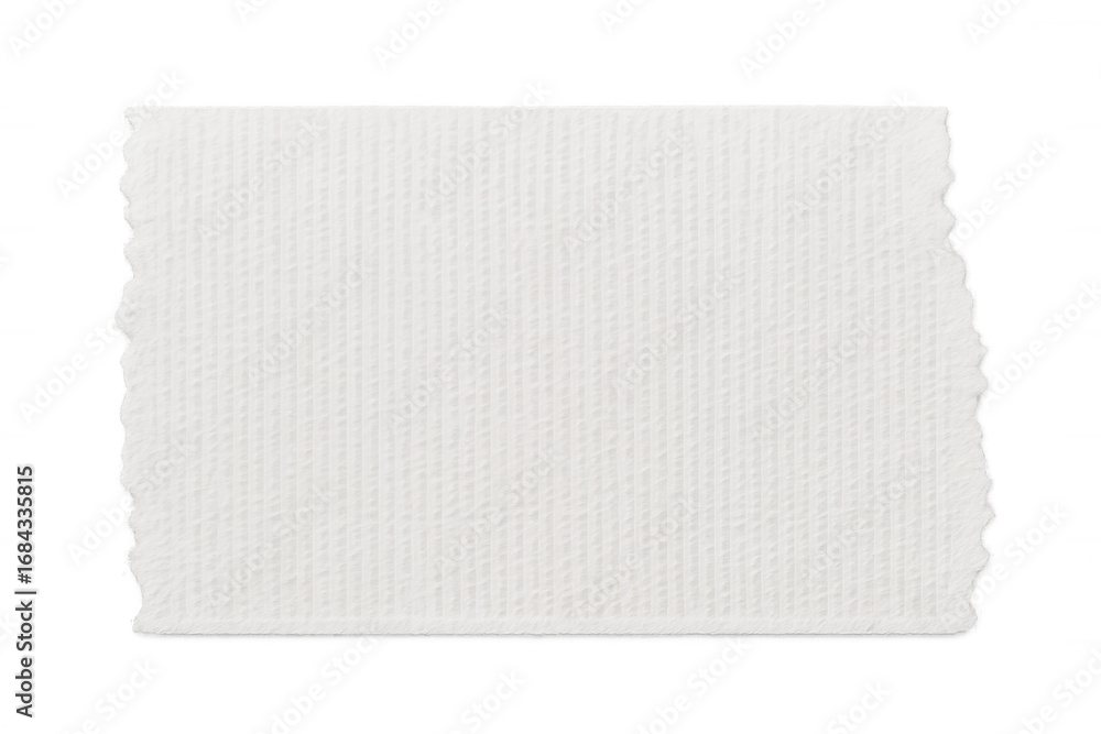 Poster torn white rectangular paper with textured surface, floating against transparent backdrop, offering 