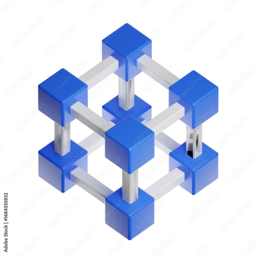 Aufkleber blue cubes connected by white bars creating abstract structure on transparent background