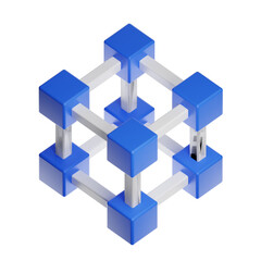 Blue cubes connected by white bars creating abstract structure on transparent background