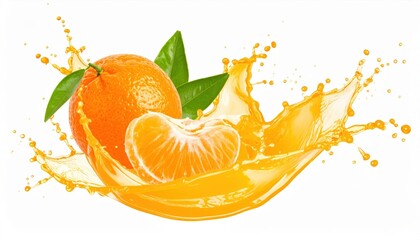 Vibrant image of a whole orange with juice splash, leaves, and a sliced segment on a white background.
