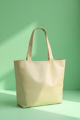 Plain Cream Tote Bag Standing on Light Green Background