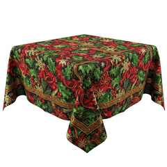 Elegant Christmas tablecloth festive holly, berries, ribbons, and snowflakes adds holiday cheer