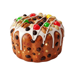 Indulge in this festive fruitcake, a delightful blend of nuts, candied fruits, and sweet icing.