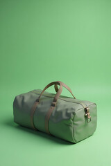 Green Travel Bag with Leather Handles on Soft Green Background