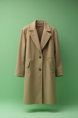 Beige Trench Coat Hanging in Bright Green Background
