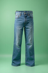 Blue Denim Jeans Standing in Green Studio Background