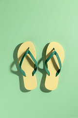 Yellow Flip Flops with Green Straps on Light Green Background for Summer Casual Wear