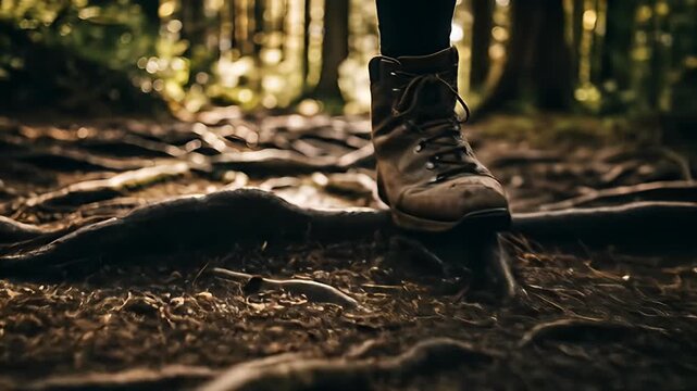 Close-up perspective of a hiker's boot stepping on gnarled tree roots on a sun-dappled forest path