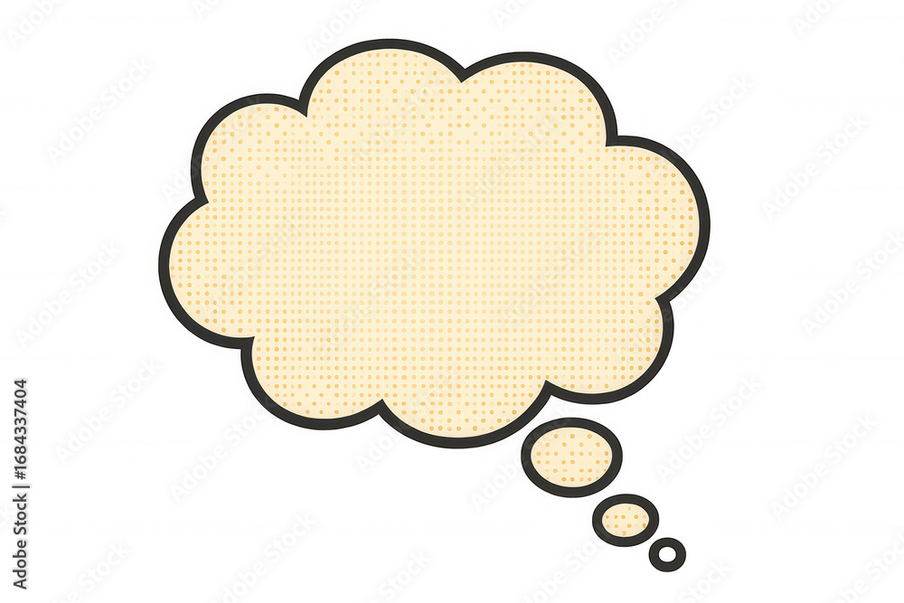 Poster comic style thinking cloud with halftone dots pattern is suggesting inspiring thoughts on a transpar