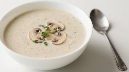 A bowl of cream of mushroom soup, garnished with mushroom slices and herbs, paired with a silver spoon, is delicate and tempting.