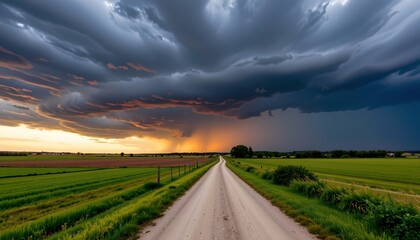 Fototapeta premium Rural Landscape with Stormy Sky and Gravel Road