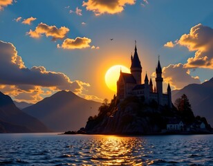 Fototapeta premium Majestic Castle Sunset Over Serene Water