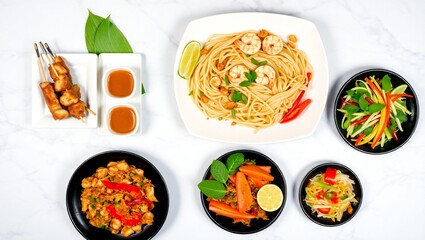 Assortment of delicious asian cuisine dishes on a marble surface