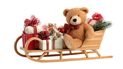 Teddy bear in a wooden sleigh with christmas gifts isolated on transparent background.