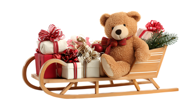 Teddy bear in a wooden sleigh with christmas gifts isolated on transparent background.