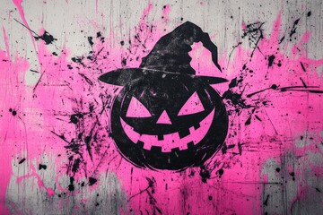 A vibrant graphic design featuring a dark jack-o'-lantern with a witch's hat, set against a backdrop of splatter art in a vibrant pink and gray color scheme.