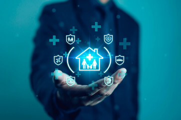 Businessman holding digital insurance icon with concept of family protection, health, home, car and travel. Symbolizes safety, security and future financial care. Insurance and protection.