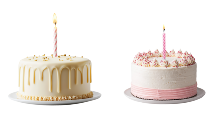 Two birthday cakes with lit candles, one with white icing and gold drips, other with pink frosting and sprinkles