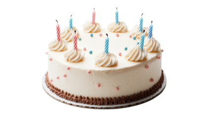 Round vanilla cake with white frosting is decorated with colorful candles and small pastel dots, creating festive atmosphere