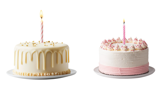 Two birthday cakes with lit candles, one with white icing and gold drips, other with pink frosting and sprinkles