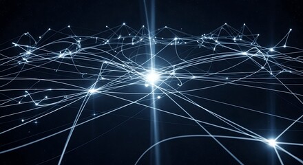 Abstract network background with glowing nodes and connecting lines against a dark background, concept for neural network, global communication and artificial intelligence.