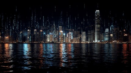 Night City Skyline with Digital Data Streams Over Water