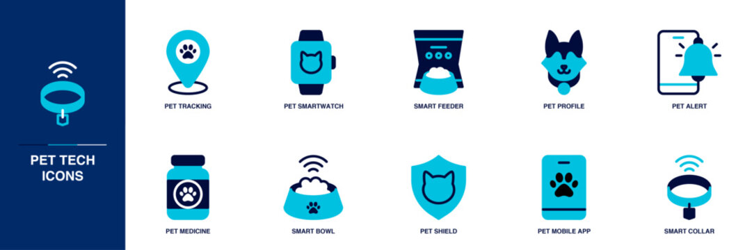 Pet Tech Blue Colored Outline Icon Set