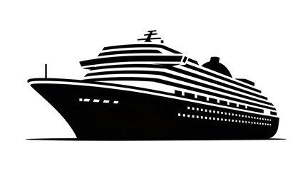 Cruise ship vector illustration, black and white silhouette of a large passenger liner, ocean liner, maritime travel, sea vessel, water transportation icon