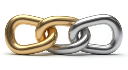 Three interlocking metal links in gold and silver hues displayed on white background, concept for security connection, blockchain integrity and data protection