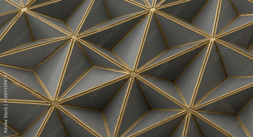 Poster a geometric pattern of interlocking dark gray triangles outlined with gold accents creates a visuall