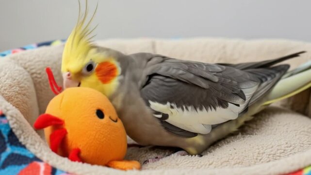 Cockatiel rests near plush toy