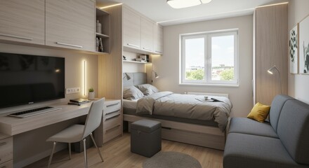 Modern Bedroom Interior Design with Desk Bed and Window.