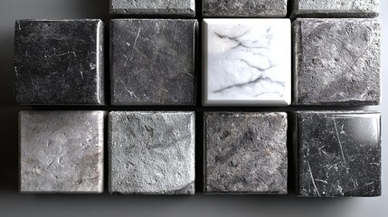 Square marble tiles in varying shades of gray and white close up.