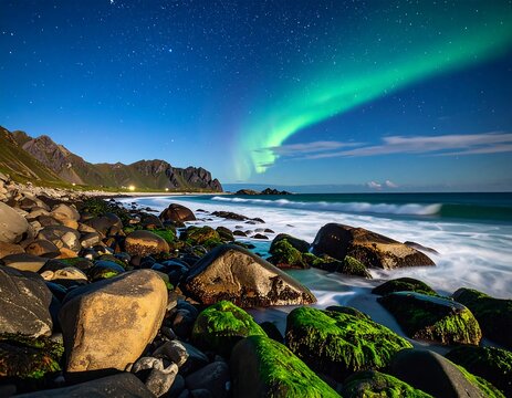 Nighttime coastal scene with aurora borealis