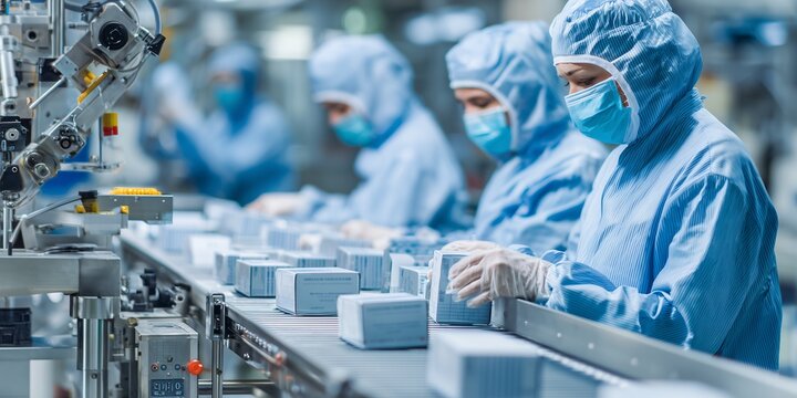 Employees in sterile suits work on an automated production line, checking and arranging product boxes with robotic arm assistance. Concept for pharmaceutical manufacturing, medical equipment