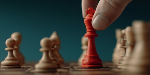 Close-up of a hand moving a red king chess piece on a chessboard with blurred background, concept for strategic planning, competitive advantage and game strategy