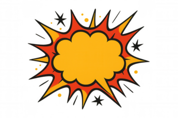 Dynamic comic-style explosion bursting with vivid red, yellow colors, radiating energetic lines, stars against transparent backdrop