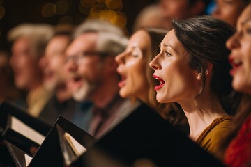 Diverse choir of people singing together indoors with focused expressions, holding sheet music, Christmas concert, concept for holiday performance, spiritual expression and community event