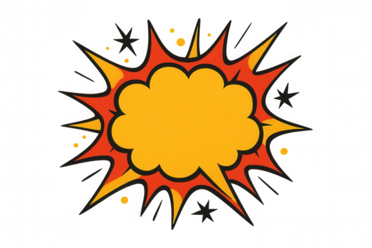 Dynamic comic-style explosion bursting with vivid red, yellow colors, radiating energetic lines, stars against transparent backdrop