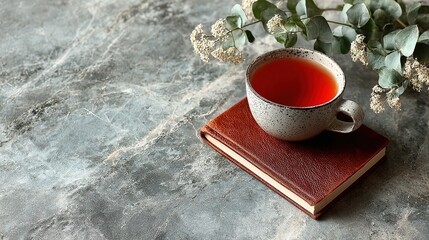Tea cup on a book with flowers on a marbled surface.
